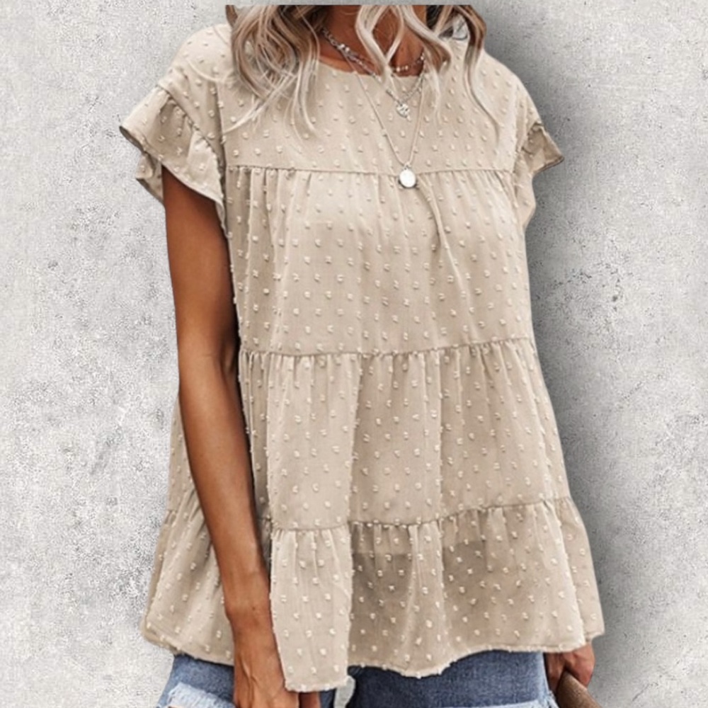 New! Gaovot Cream Color Swiss Dot Tiered Flutter Sleeve Top XL (14)